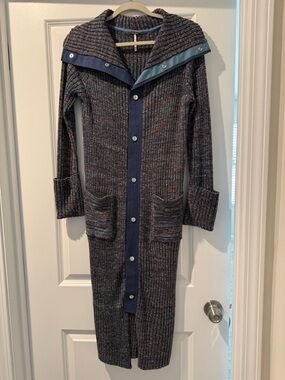 Free People Long Ribbed Hooded Cardigan in Heathered Navy